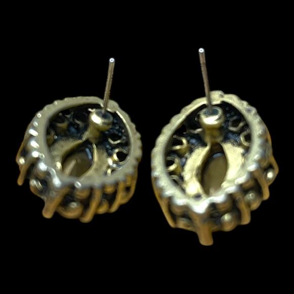 Vintage Amber Glass Marquise Stone Brass Tone Post Earrings - Picture 9 of 16